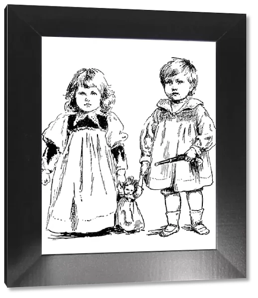 Antique childrens book comic illustration: boy and girl with toys