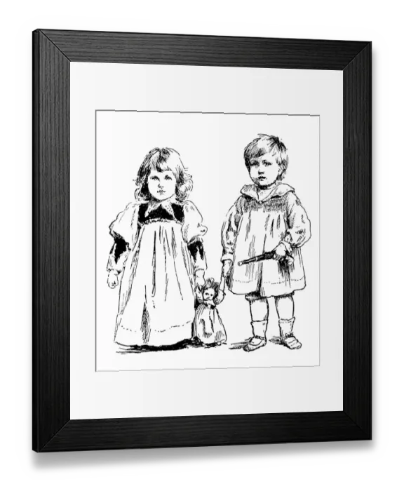 Framed Print : Antique childrens book comic illustration: boy and girl with toys Framed Print : Antique childrens book comic illustration: boy and girl with toys