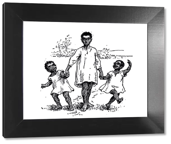 Antique childrens book comic illustration: children and father