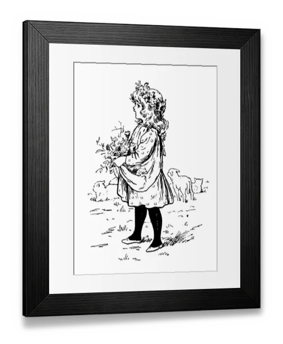 Framed Print : Antique childrens book comic illustration: little girl with flowers Framed Print : Antique childrens book comic illustration: little girl with flowers