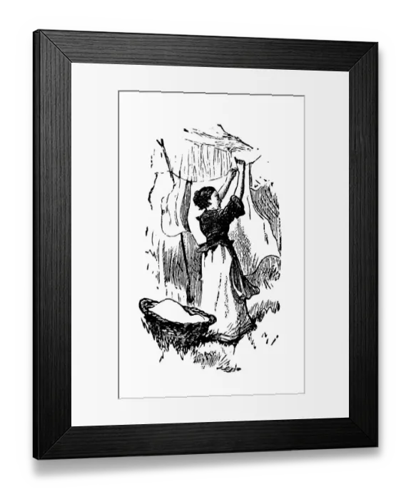 Framed Print : Antique childrens book comic illustration: woman hanging out clothes Framed Print : Antique childrens book comic illustration: woman hanging out clothes