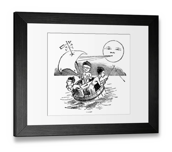 Framed Print : Antique childrens book comic illustration: Three men in barrell Framed Print : Antique childrens book comic illustration: Three men in barrell