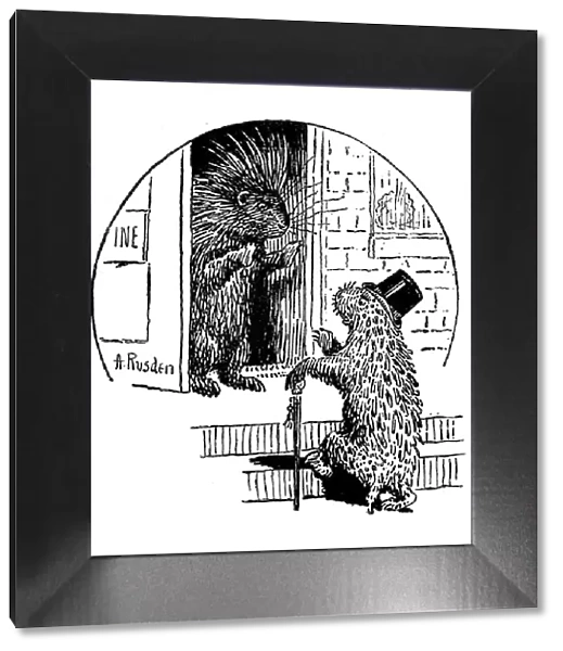 Antique childrens book comic illustration: animals at the door