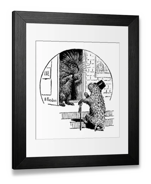 Framed Print : Antique childrens book comic illustration: animals at the door Framed Print : Antique childrens book comic illustration: animals at the door