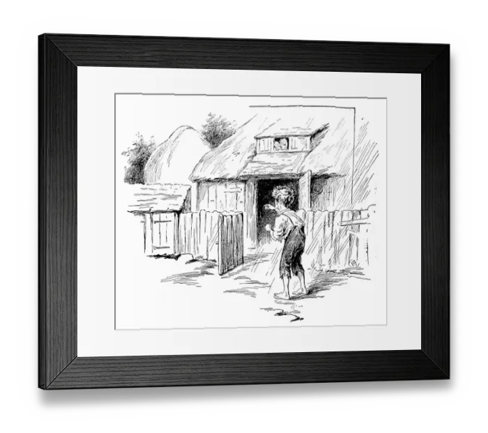 Framed Print : Antique childrens book comic illustration: poor boy outdoor Framed Print : Antique childrens book comic illustration: poor boy outdoor