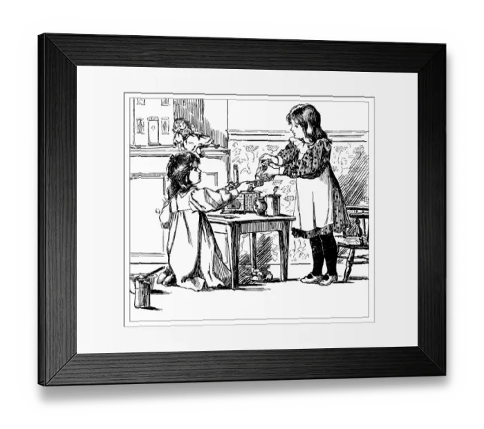 Framed Print : Antique childrens book comic illustration: little girls playing Framed Print : Antique childrens book comic illustration: little girls playing