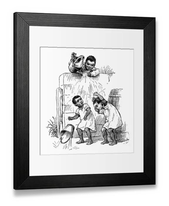 Framed Print : Antique childrens book comic illustration: children running from father Framed Print : Antique childrens book comic illustration: children running from father