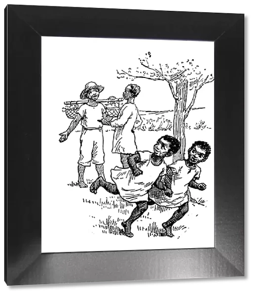 Antique childrens book comic illustration: children running from father