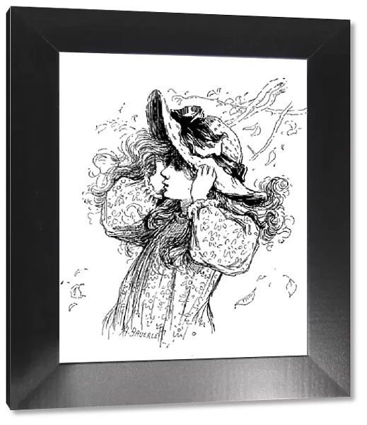 Antique childrens book comic illustration: girl against wind in autumn