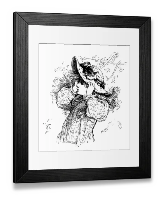 Framed Print : Antique childrens book comic illustration: girl against wind in autumn Framed Print : Antique childrens book comic illustration: girl against wind in autumn