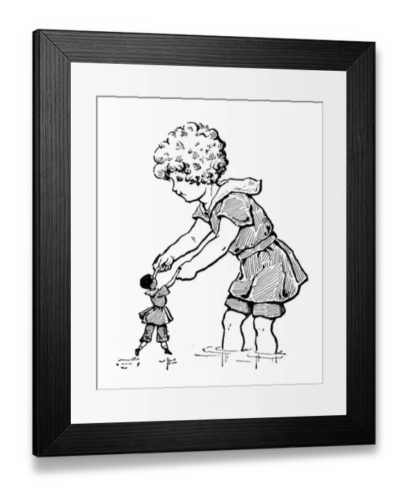 Framed Print : Antique childrens book comic illustration: child playing with doll Framed Print : Antique childrens book comic illustration: child playing with doll