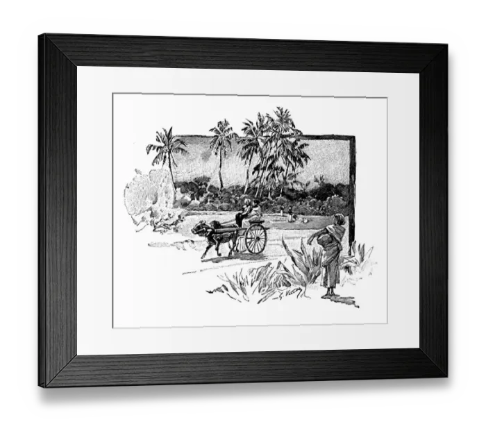 Framed Print : Antique childrens book comic illustration: people riding ox cart Framed Print : Antique childrens book comic illustration: people riding ox cart