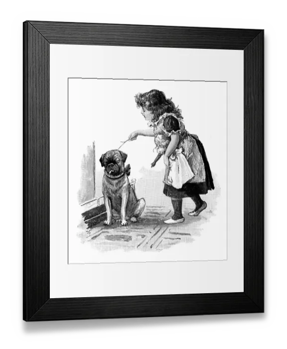 Framed Print : Antique childrens book comic illustration: little girl with dog Framed Print : Antique childrens book comic illustration: little girl with dog