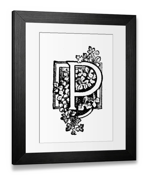 Framed Print : Antique childrens book comic illustration: Ornate letter P