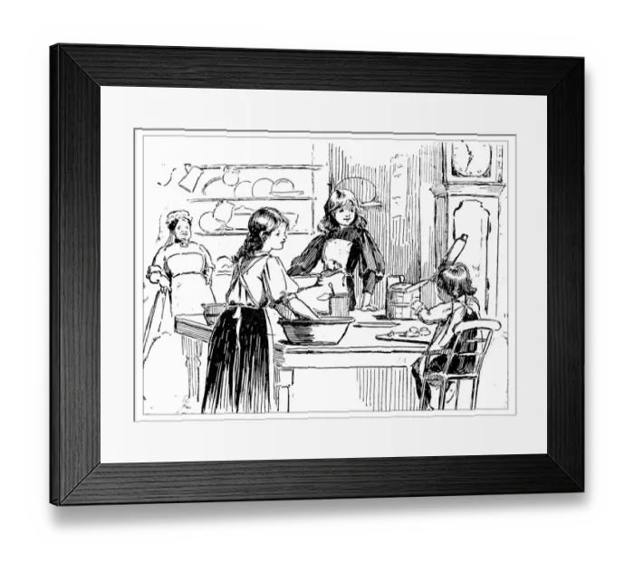 Framed Print : Antique childrens book comic illustration: women in the kitchen