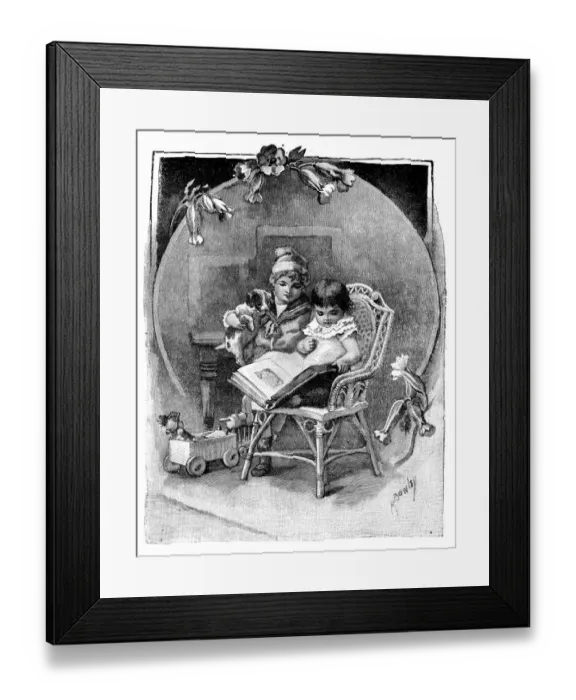 Framed Print : Antique childrens book comic illustration: children with book and dog