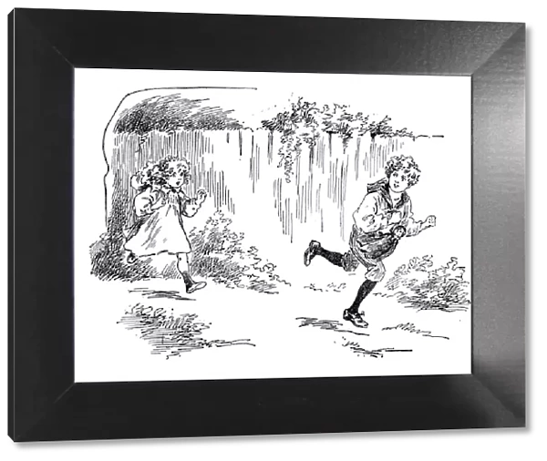 Antique childrens book comic illustration: children running outdoor