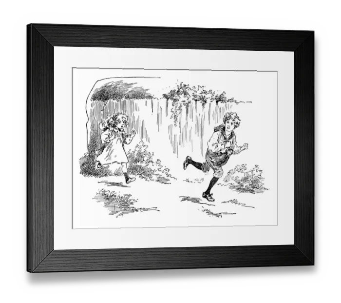 Framed Print : Antique childrens book comic illustration: children running outdoor Framed Print : Antique childrens book comic illustration: children running outdoor