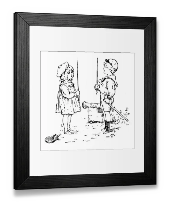 Framed Print : Antique childrens book comic illustration: boy and girl with swords Framed Print : Antique childrens book comic illustration: boy and girl with swords
