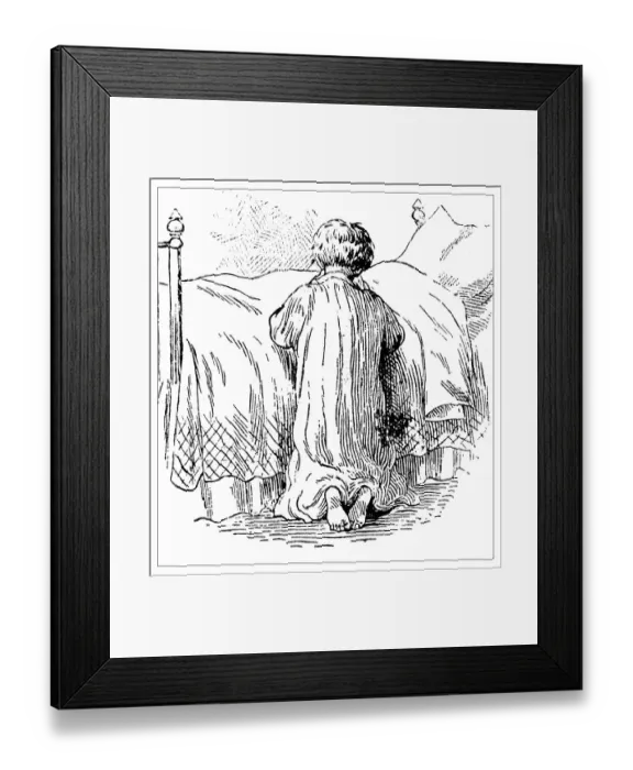 Framed Print : Antique childrens book comic illustration: child praying in bed Framed Print : Antique childrens book comic illustration: child praying in bed