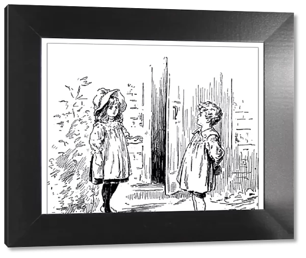 Antique childrens book comic illustration: boy and girl
