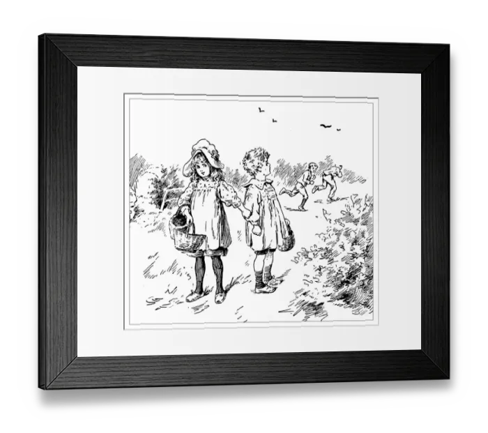 Framed Print : Antique childrens book comic illustration: children outdoor Framed Print : Antique childrens book comic illustration: children outdoor
