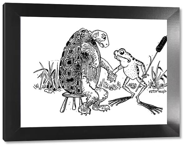 Antique childrens book comic illustration: turtle and frog