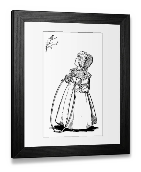 Framed Print : Antique childrens book comic illustration: little girl with ring toy Framed Print : Antique childrens book comic illustration: little girl with ring toy