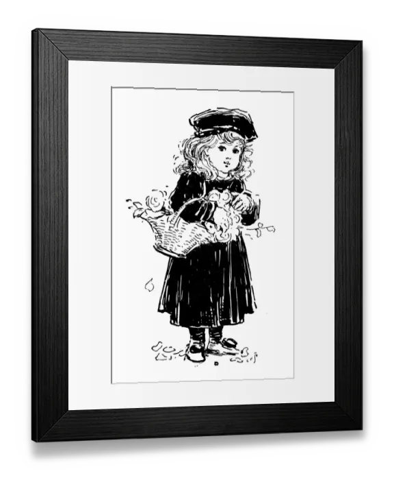 Framed Print : Antique childrens book comic illustration: little girl with flowers Framed Print : Antique childrens book comic illustration: little girl with flowers