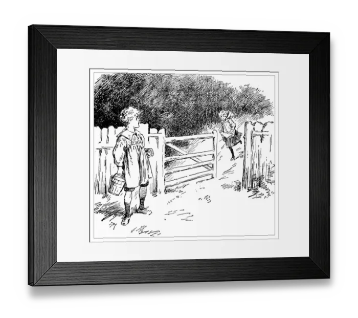 Framed Print : Antique childrens book comic illustration: children outdoors Framed Print : Antique childrens book comic illustration: children outdoors