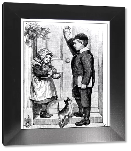 Antique childrens book comic illustration: girl and boy knocking door