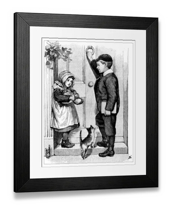 Framed Print : Antique childrens book comic illustration: girl and boy knocking door