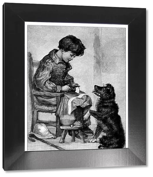 Antique childrens book comic illustration: child and dog
