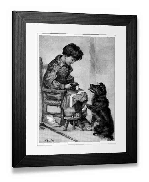 Framed Print : Antique childrens book comic illustration: child and dog Framed Print : Antique childrens book comic illustration: child and dog