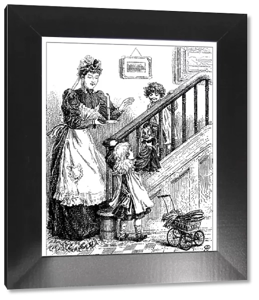 Antique childrens book comic illustration: woman with children indoor