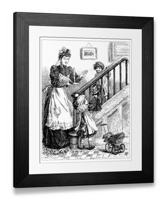 Framed Print : Antique childrens book comic illustration: woman with children indoor Framed Print : Antique childrens book comic illustration: woman with children indoor