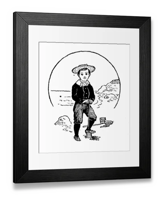 Framed Print : Antique childrens book comic illustration: boy playing on the beach Framed Print : Antique childrens book comic illustration: boy playing on the beach