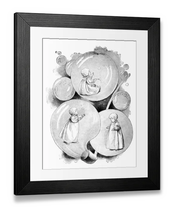 Framed Print : Antique childrens book comic illustration: child inside soap bubbles Framed Print : Antique childrens book comic illustration: child inside soap bubbles