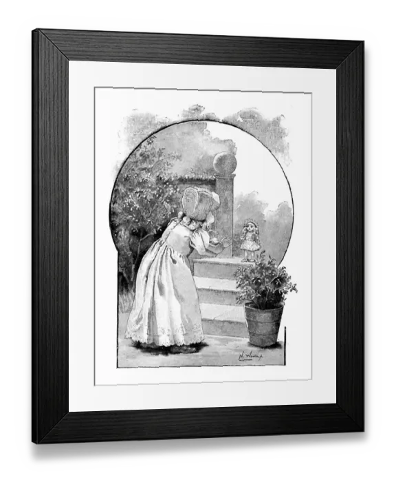 Framed Print : Antique childrens book comic illustration: little girl with doll Framed Print : Antique childrens book comic illustration: little girl with doll