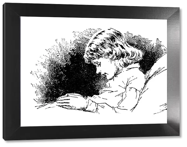 Antique childrens book comic illustration: child praying in bed