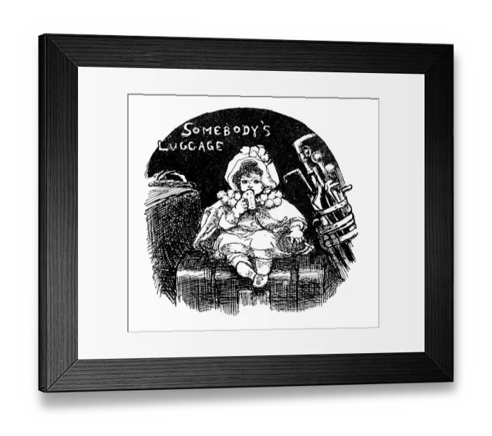 Framed Print : Antique childrens book comic illustration: little girl on luggage Framed Print : Antique childrens book comic illustration: little girl on luggage