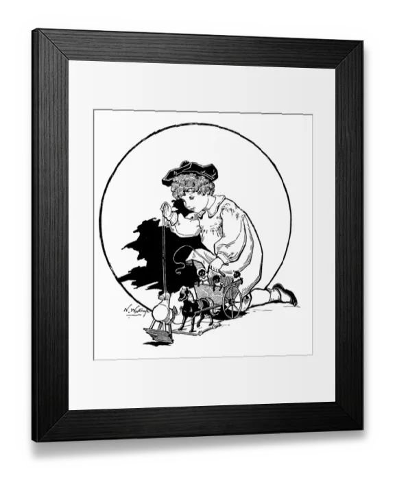 Framed Print : Antique childrens book comic illustration: child playing with toys Framed Print : Antique childrens book comic illustration: child playing with toys