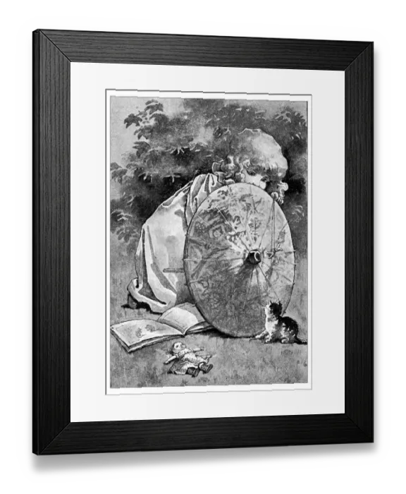 Framed Print : Antique childrens book comic illustration: little girl with cat Framed Print : Antique childrens book comic illustration: little girl with cat