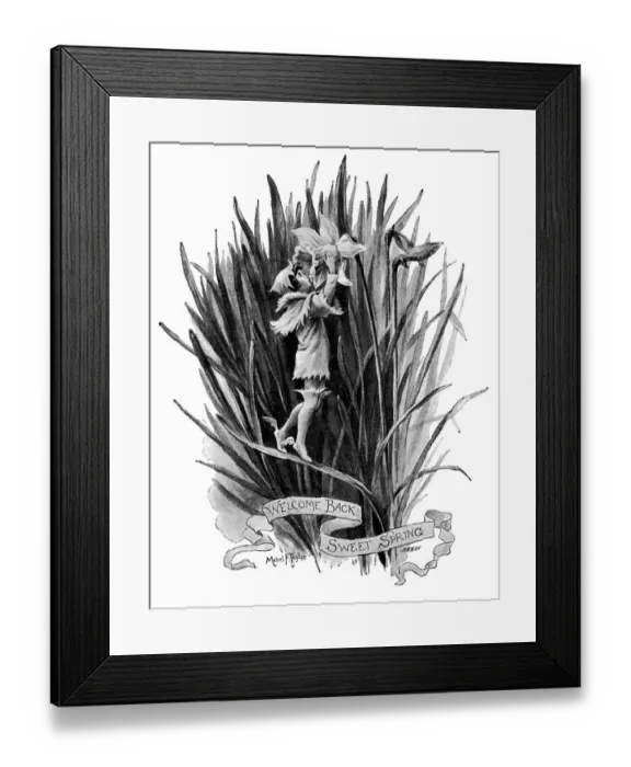 Framed Print : Antique childrens book comic illustration: little elf with flower Framed Print : Antique childrens book comic illustration: little elf with flower