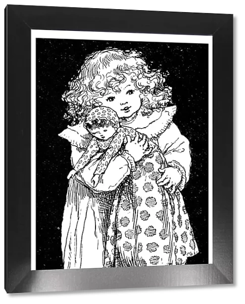 Antique childrens book comic illustration: little girl with doll