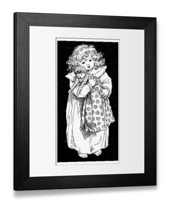 Framed Print : Antique childrens book comic illustration: little girl with doll Framed Print : Antique childrens book comic illustration: little girl with doll