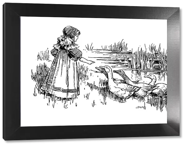 Antique childrens book comic illustration: little girl feeding geese