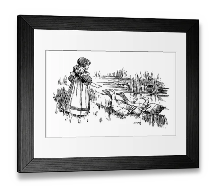 Framed Print : Antique childrens book comic illustration: little girl feeding geese