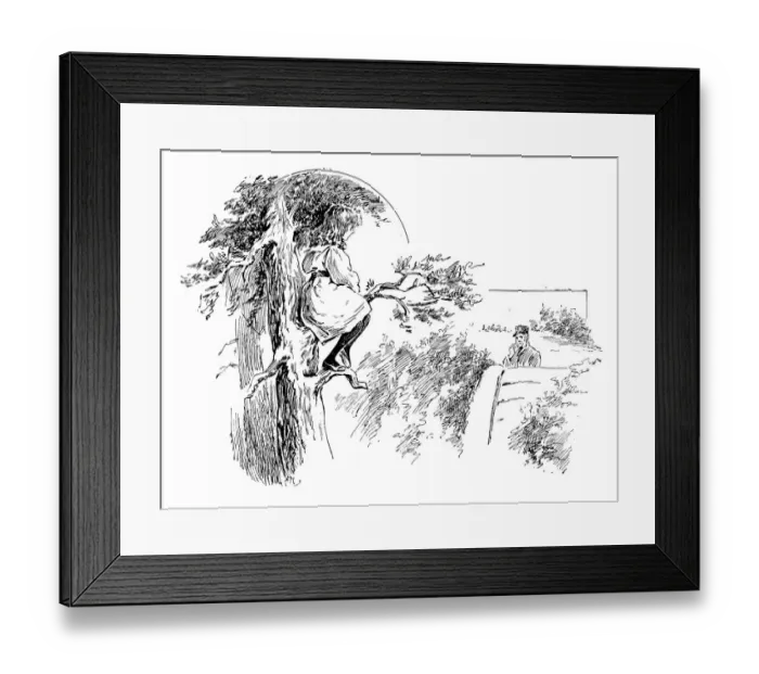 Framed Print : Antique childrens book comic illustration: girl on tree Framed Print : Antique childrens book comic illustration: girl on tree