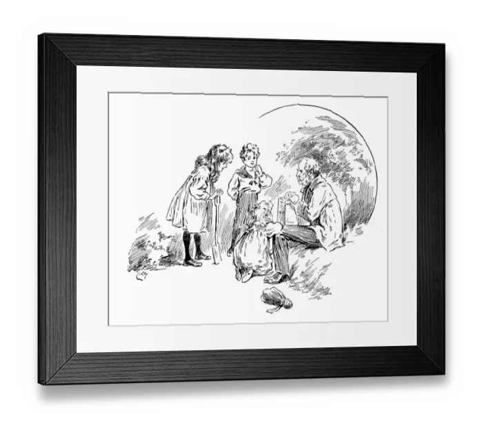 Framed Print : Antique childrens book comic illustration: man with children Framed Print : Antique childrens book comic illustration: man with children